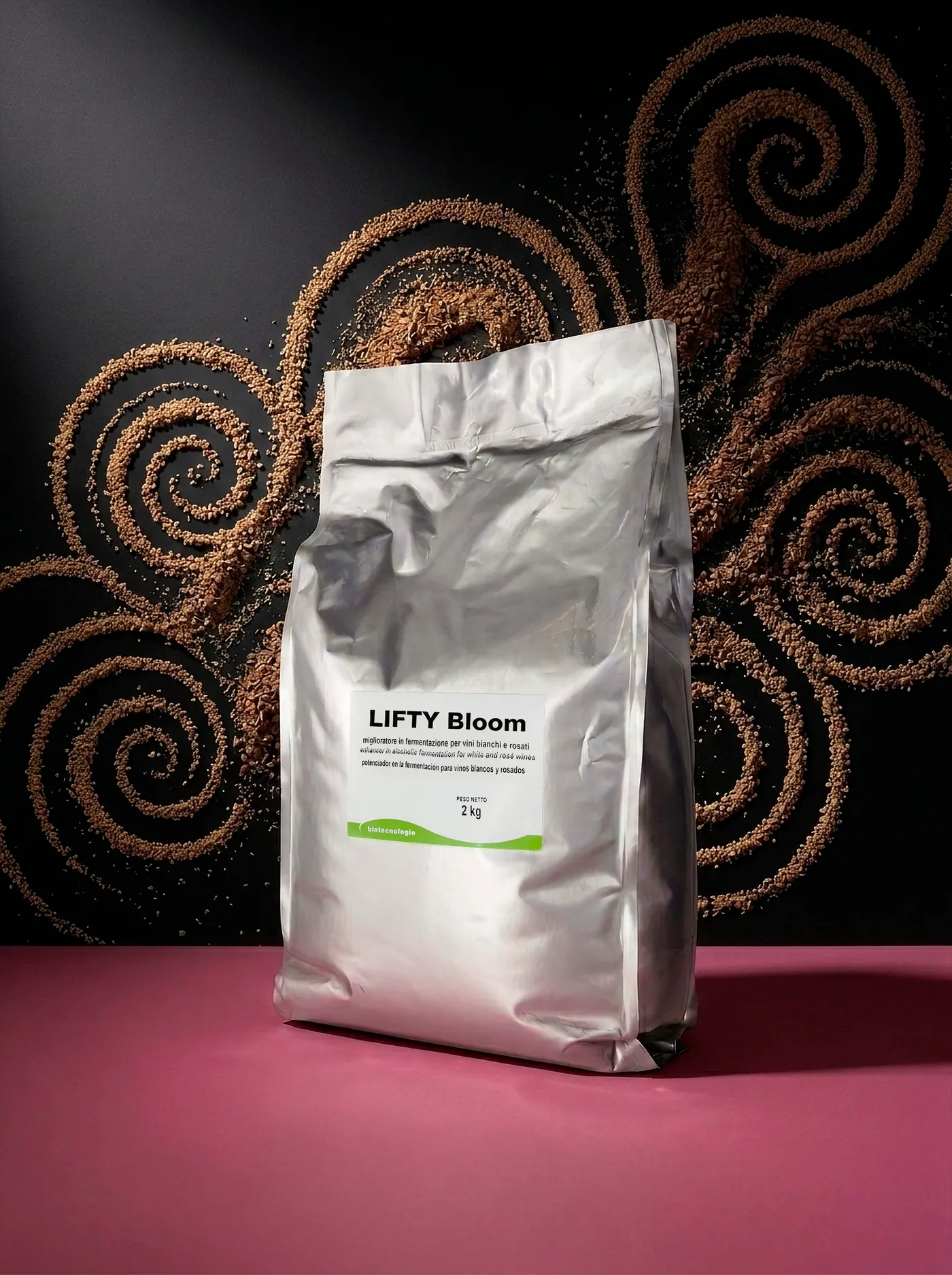 Confezione di Lifty Bloom su fondale scuro con spirali di granuli
