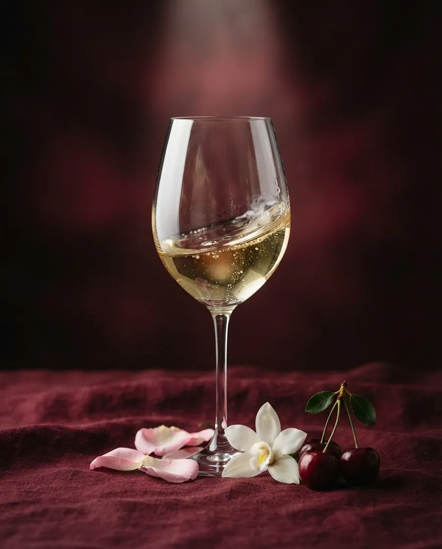 Calice di vino bianco in movimento su fondale bordeaux, con petali, un fiore di vaniglia e ciliegie