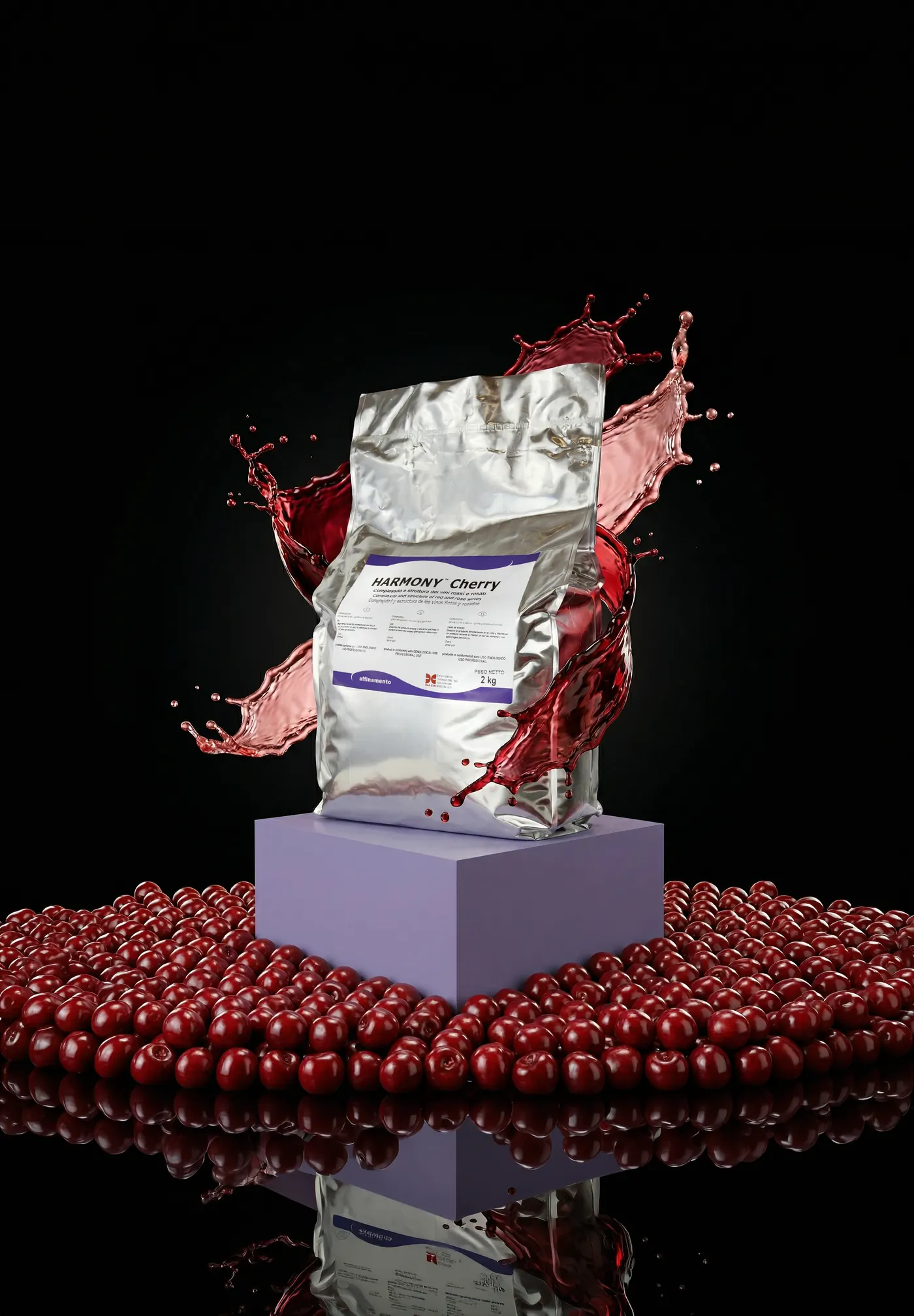 Confezione di Harmony Cherry su un cubo lilla tra ciliegie e spruzzi di vino rosso